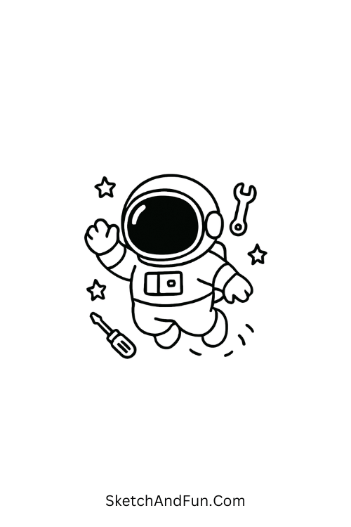 A doodle of a chubby astronaut floating with stars and tools, astronaut doodle drawing