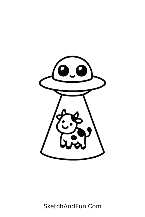 A doodle of a tiny UFO beaming up a happy alien pet, space cartoons doodles