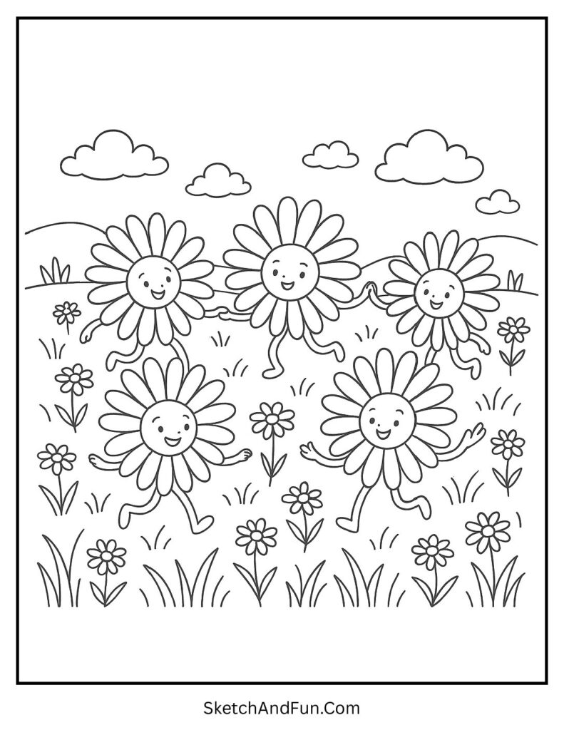 A coloring page of dancing daisies in a sunny meadow, spring flower coloring pages