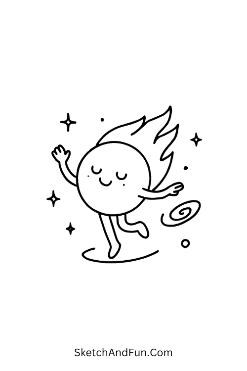 A doodle of a small meteor twirling cheerfully through stars, easy space doodles