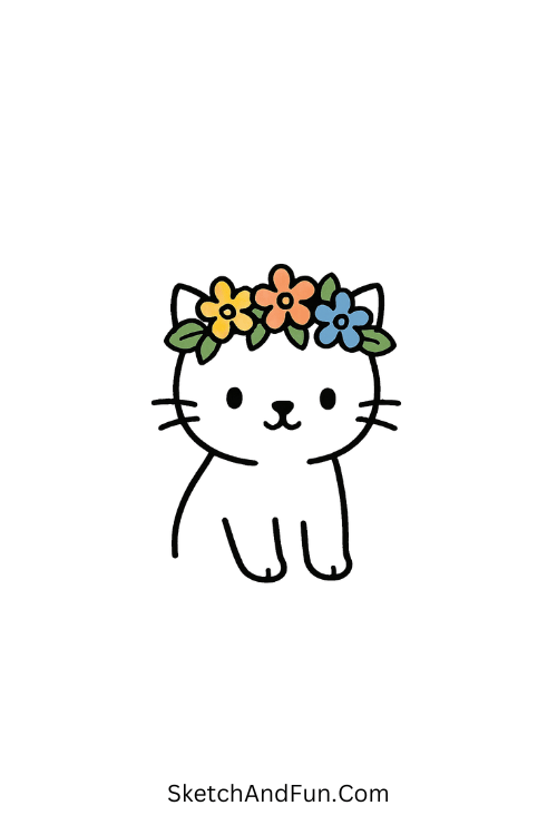 A kitten wearing a crown of colorful flowers, April cartoon drawing ideas