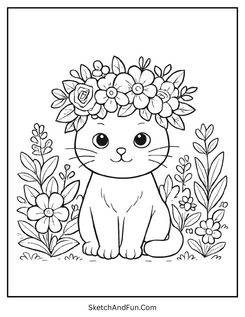 A coloring page of a cat wearing a flower crown, realistic flower coloring pages