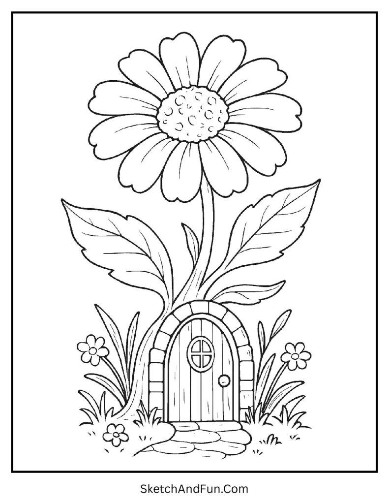 A coloring page of a tiny door in a flower stem, detailed flower coloring pages