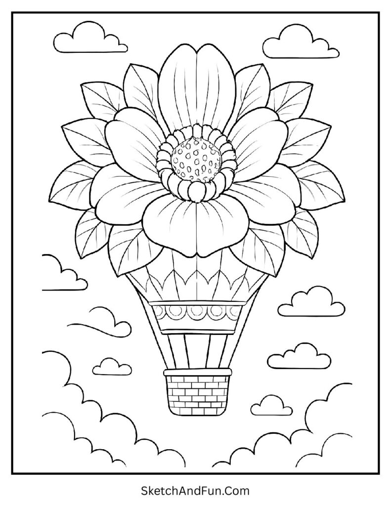 A coloring page of a flower shaped hot air balloon, flower coloring pages to print