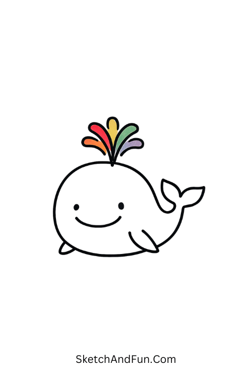 A drawing of a huge whale spraying rainbow-colored water, ocean drawing with color