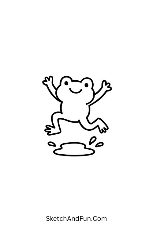 A happy frog jumping over puddles with flowers, April drawing motifs birds flowers