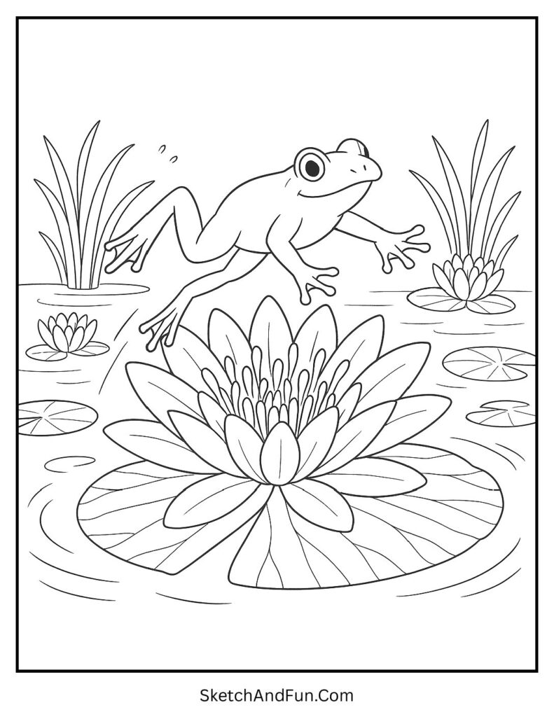 A coloring page of a frog on a large water lily, simple flower coloring pages