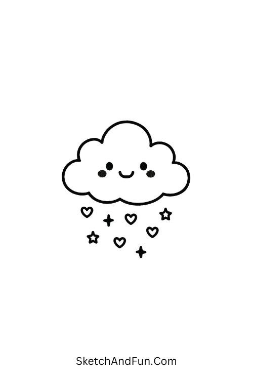 A fluffy cloud raining hearts and stars, cute April drawings for kids