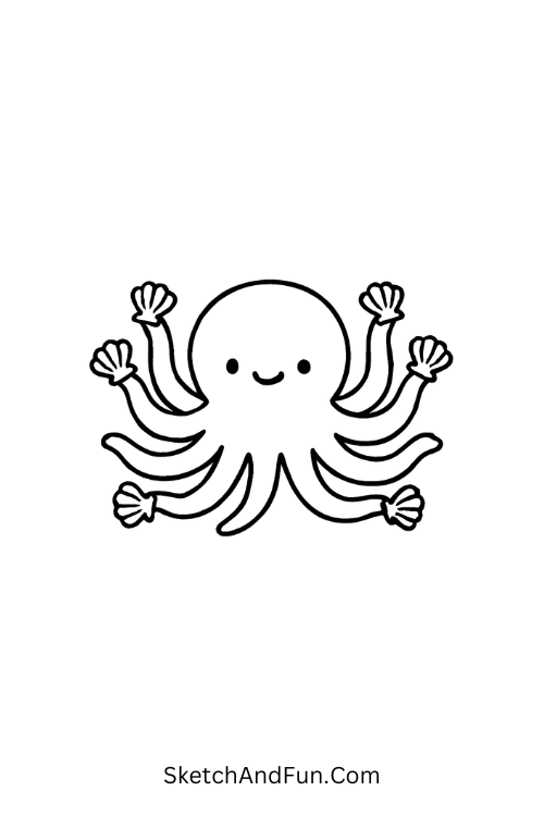 A drawing of a chubby octopus waving arms with tiny seashells, ocean animals drawing