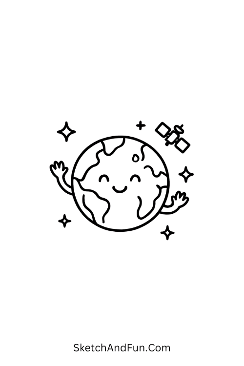 A doodle of Earth waving with little arms and smiling among satellites, planet doodles sketches