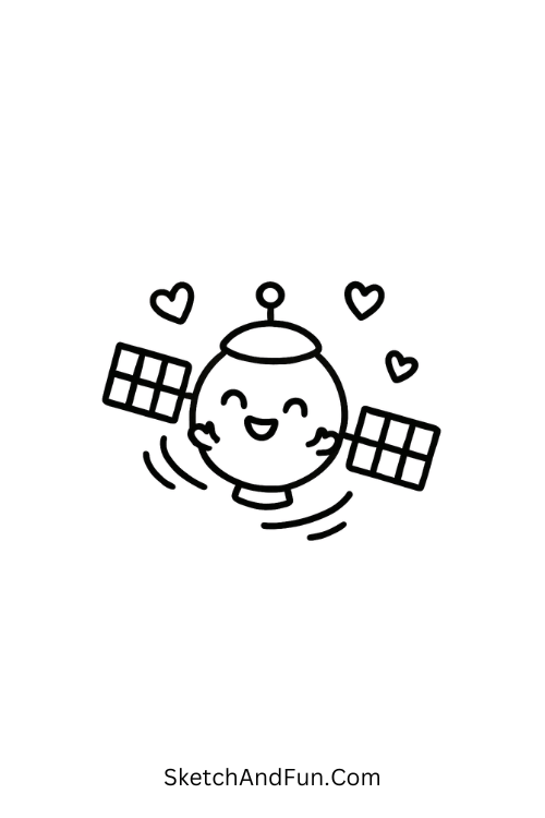 A doodle of a tiny satellite spinning with hearts around it, space doodles Pinterest