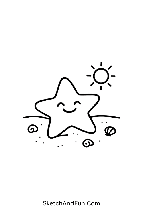 A drawing of a happy starfish on a sunlit ocean floor with shells, sea life coloring pages