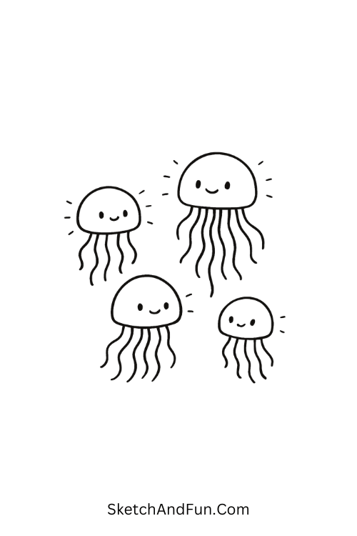 A drawing of glowing jellyfish floating gently with waving tentacles, ocean doodle art