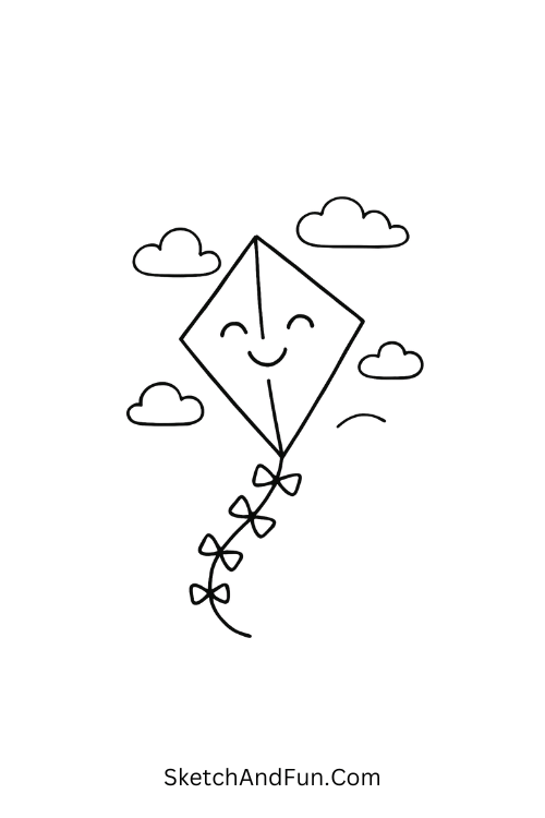 A cute kite soaring in the spring sky, April outdoor drawing prompts