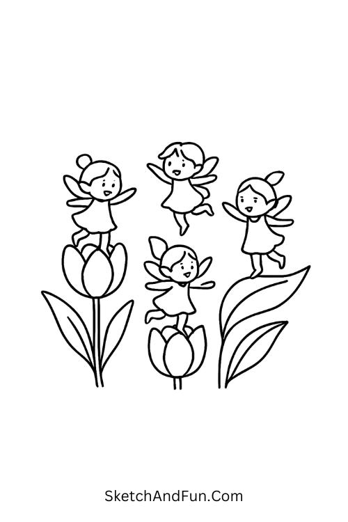 Tiny fairies dancing on tulips and leaves, April art challenge drawings
