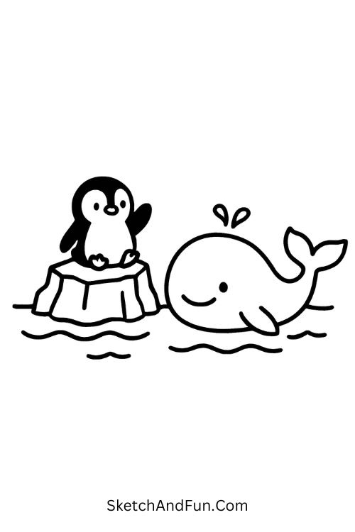 A drawing of a tiny penguin on an iceberg waving to a smiling whale, ocean scene drawing