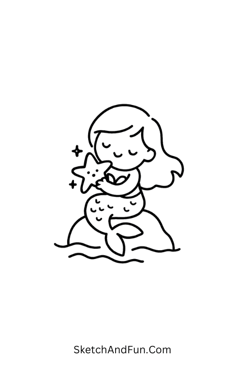 A drawing of a little mermaid hugging a sparkling starfish on a rock, ocean sketch ideas
