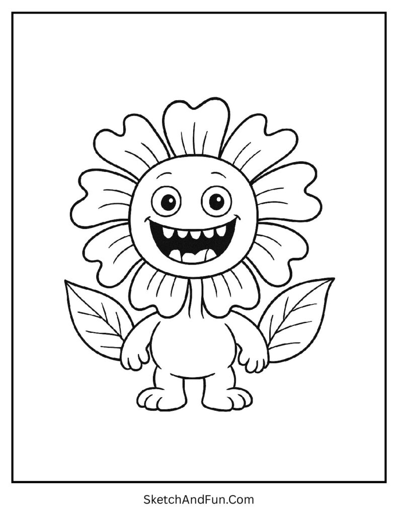 A coloring page of a funny flower monster with silly petals, flower coloring pages for kids