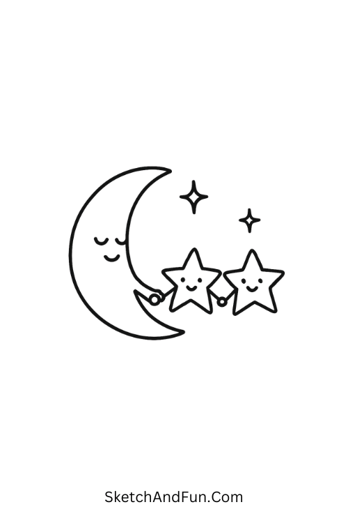 A doodle of a crescent moon holding hands with tiny stars, outer space doodles