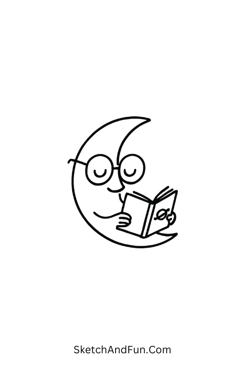 A doodle of a crescent moon with glasses reading a book, space doodle coloring page