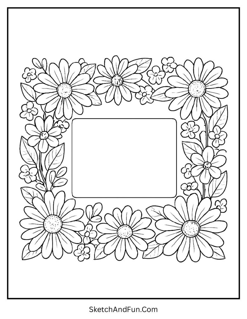 A coloring page of a flower frame with name space, flower coloring pages pdf