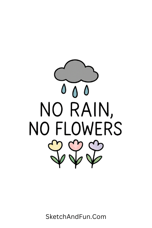 A doodle of rainy gray and rainbow flower text, colorful graffiti doodles