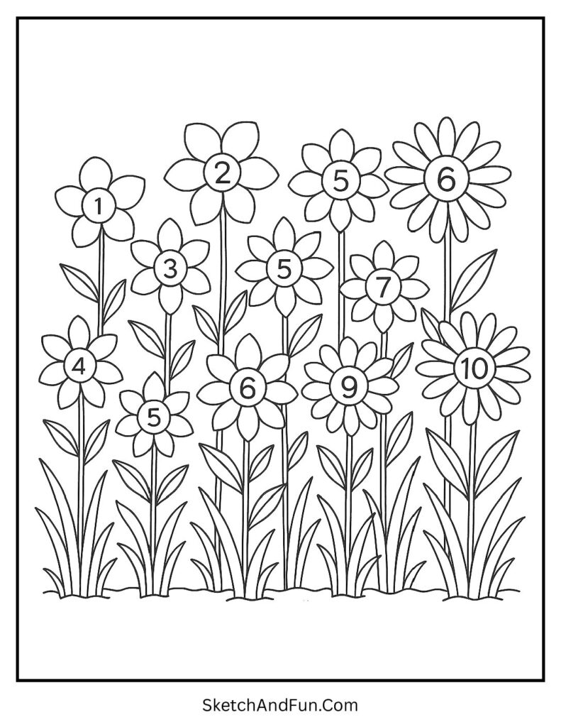 A coloring page of numbered flowers with matching petals, large flower coloring page