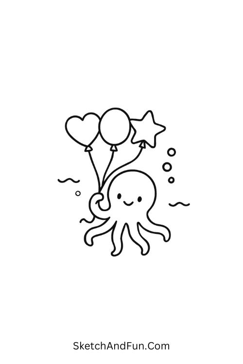 A drawing of an octopus holding floating shaped balloons underwater, ocean creatures sketch