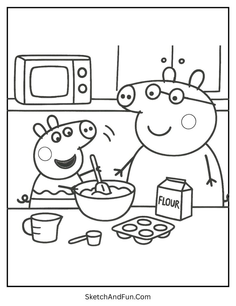Peppa Pig Baking with Granny Pig Coloring Page pdf