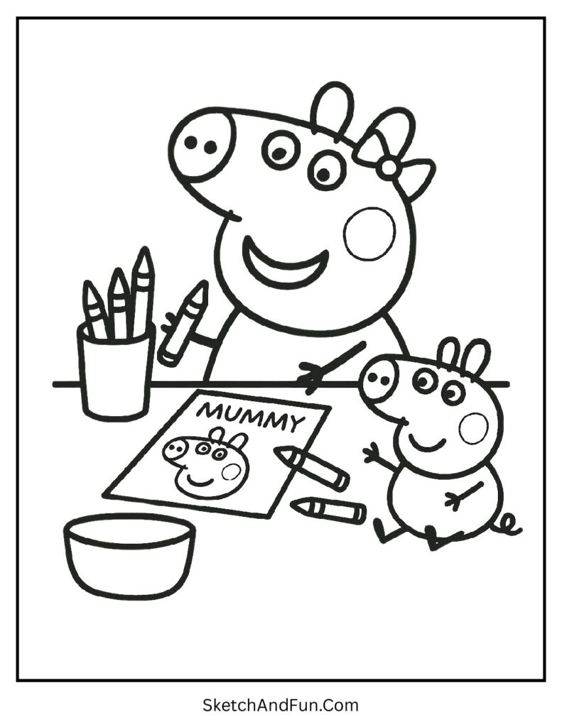 Peppa Pig Drawing a Picture for Mummy Pig Coloring Page pdf