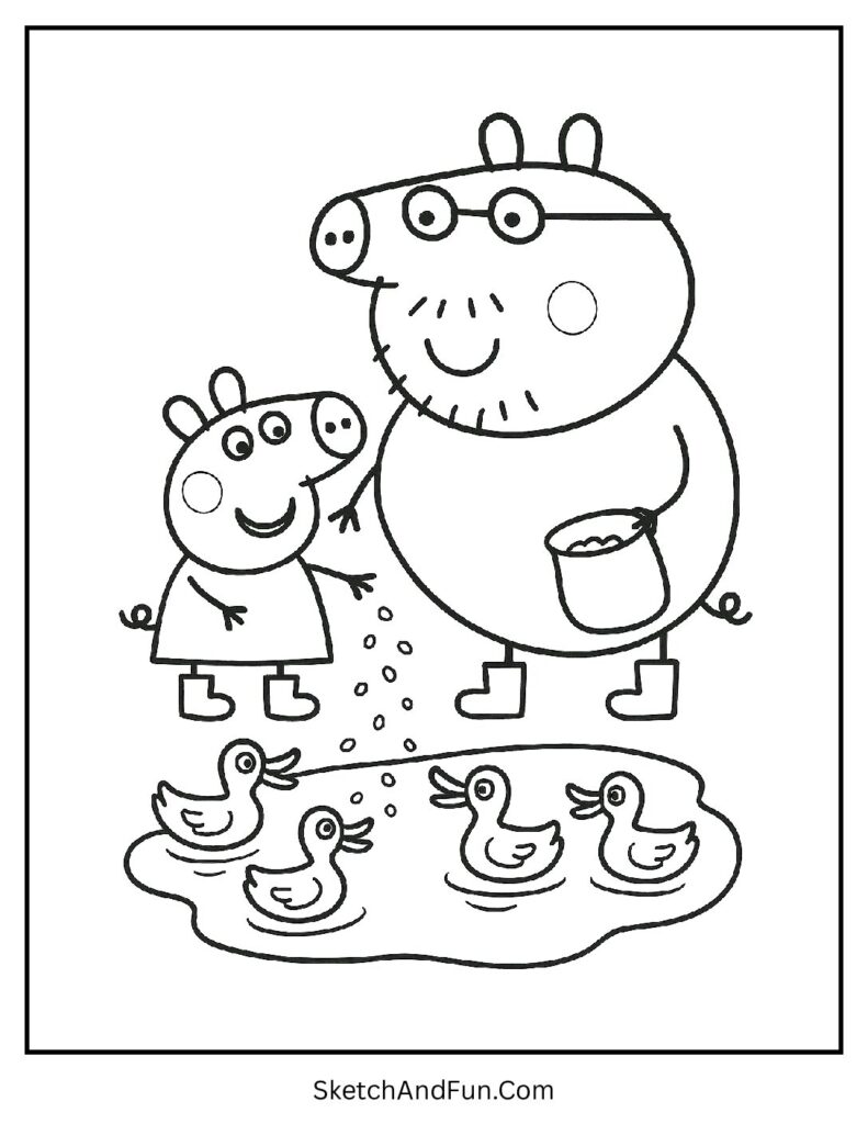 Peppa Pig Feeding Ducks with Daddy Pig Coloring Page pdf