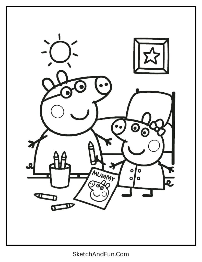 Peppa Pig Getting Ready for Bed with Mummy Pig Coloring Page pdf