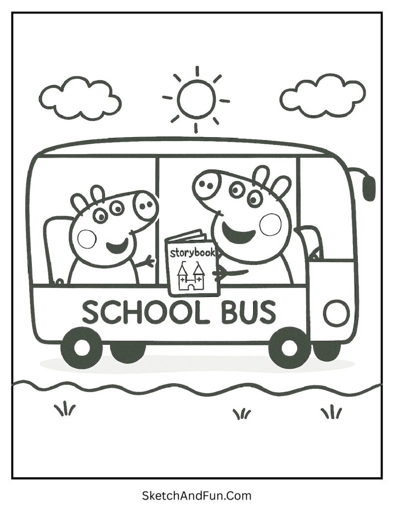 Peppa Pig Riding the School Bus with George Pig Coloring Page 1 pdf