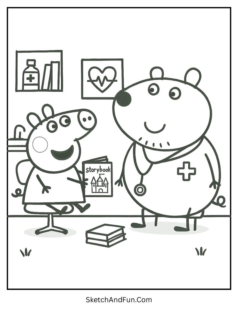 Peppa Pig Visiting Doctor Brown Bear Coloring Page pdf