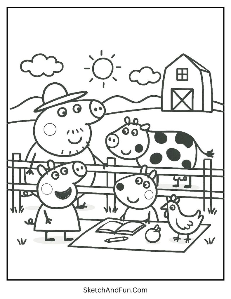 Peppa Pig Visiting the Farm with Grandpa Pig Coloring Page pdf