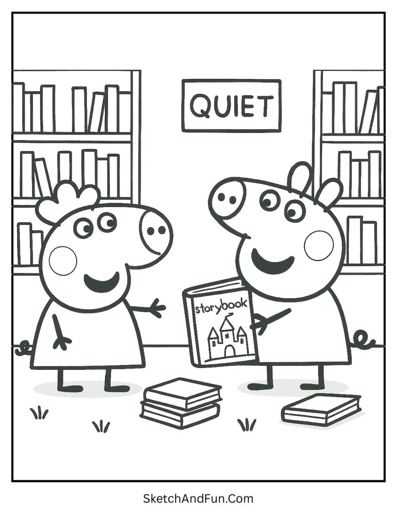 Peppa Pig Visiting the Library with Suzy Sheep Coloring Page pdf