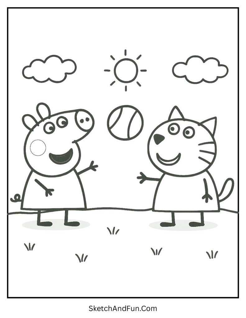 Peppa Pig and Candy Cat Playing Ball Coloring Page pdf