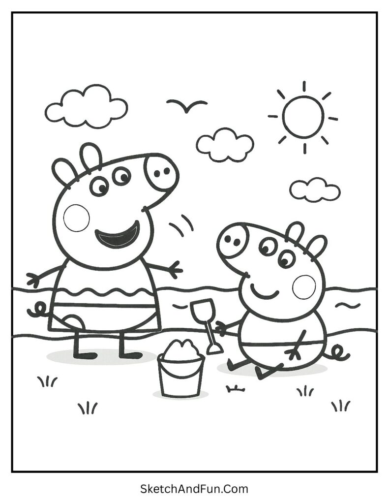 Peppa Pig and George Pig at the Beach Coloring Page pdf