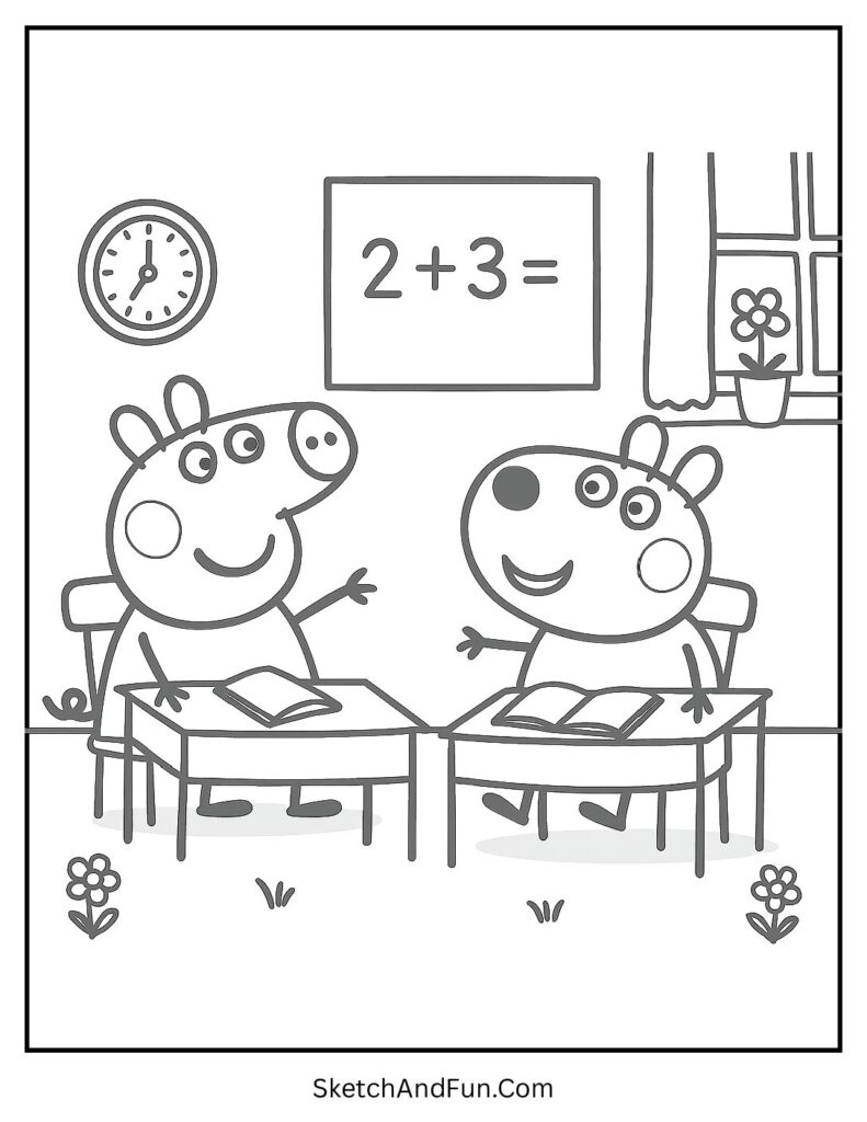 Peppa Pig and Pedro Pony in Class Coloring Page pdf