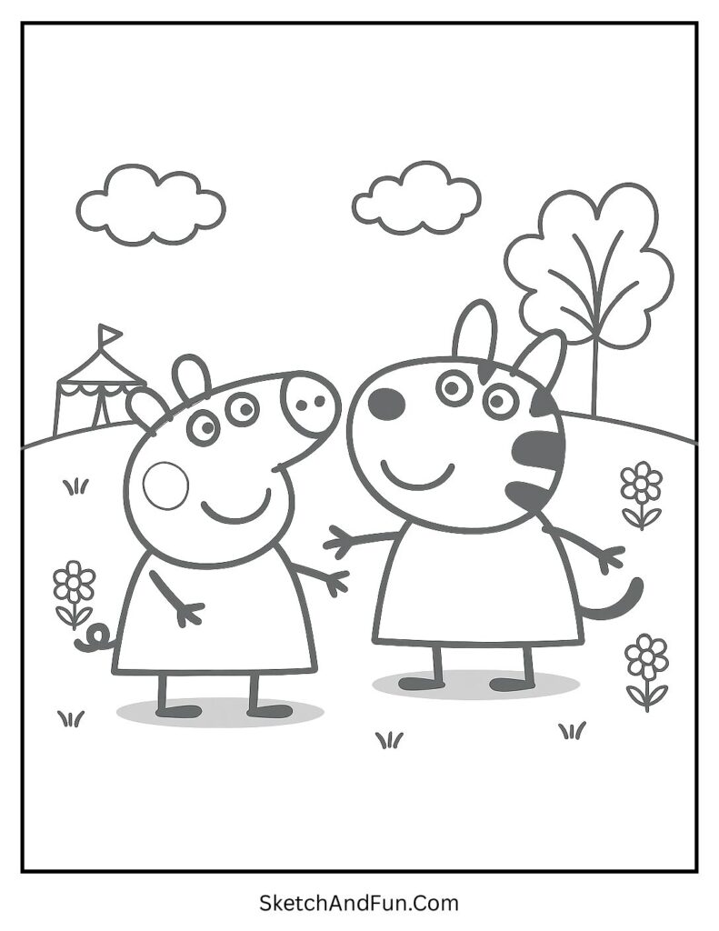 Peppa Pig and Zoe Zebra Playing Outside Coloring Page pdf