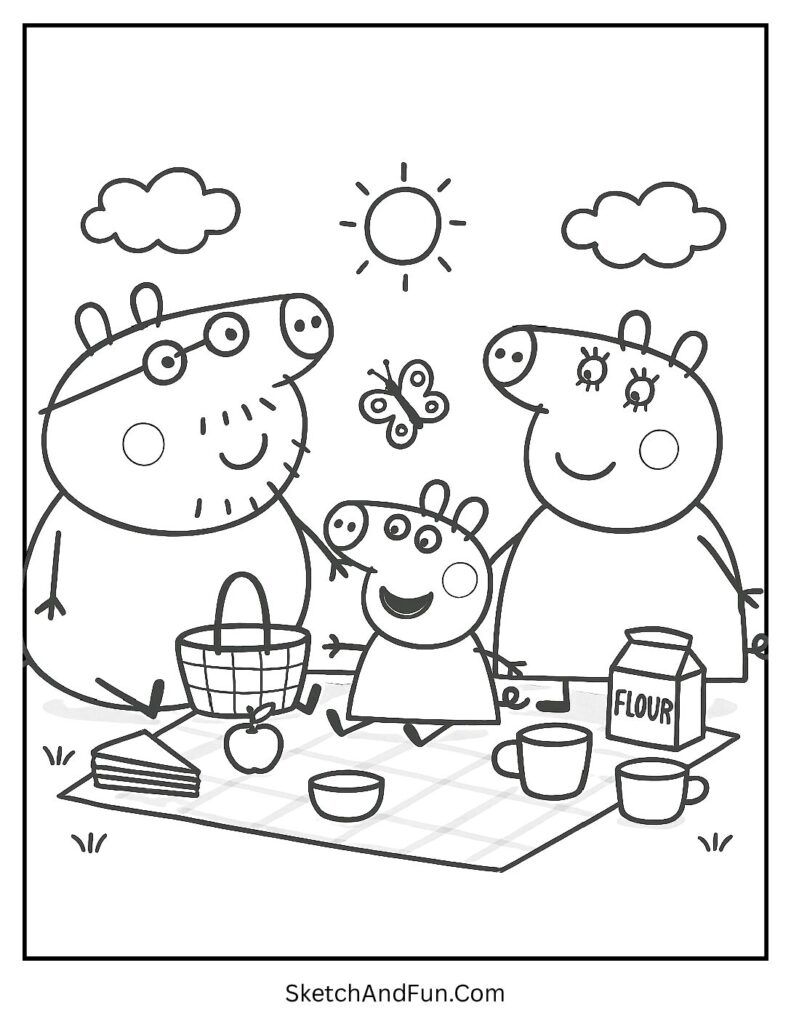 Peppa Pig at a Family Picnic with Mummy Pig and Daddy Pig Coloring Page 1 pdf