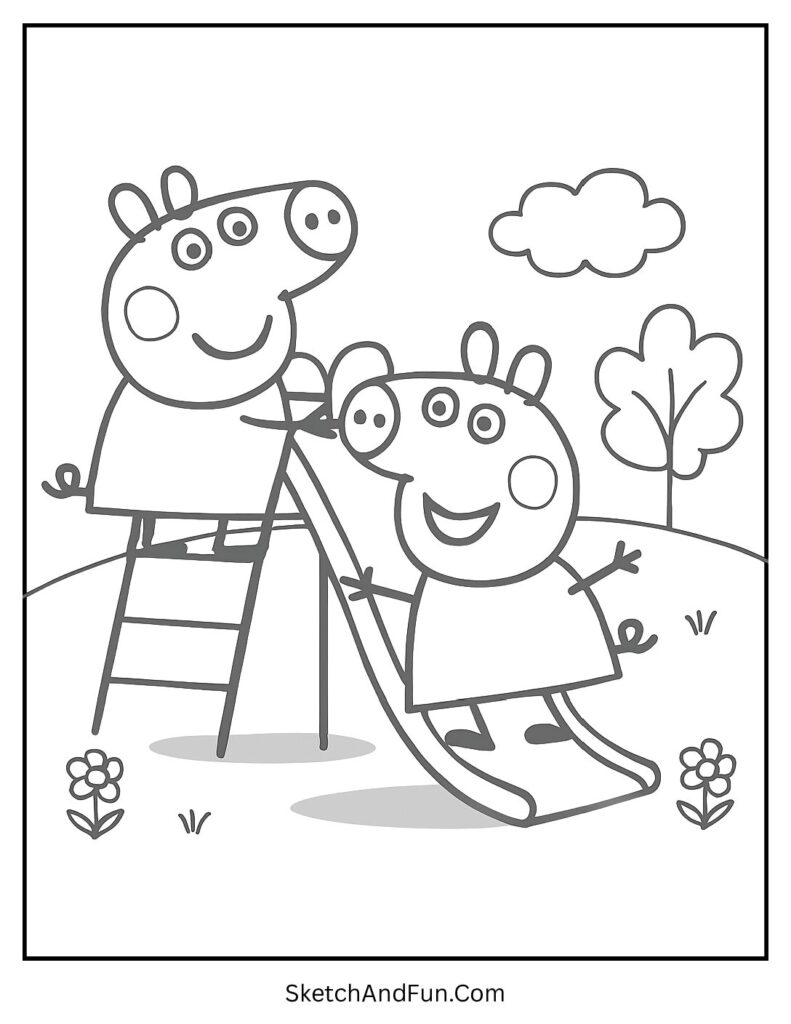 Peppa Pig at the Playground Slide Coloring Page pdf