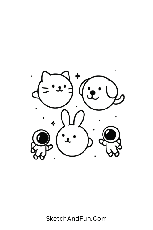 A doodle of planets shaped like animals floating with astronauts, doodle space patterns