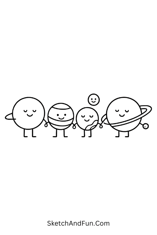A doodle of planets lined up holding hands like a family, space doodle ideas