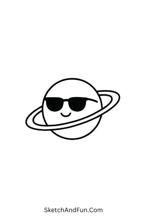 A doodle of a cool planet wearing sunglasses with twirling rings, space sketch ideas