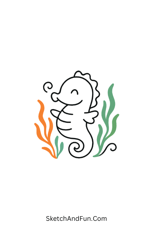 A drawing of a chubby seahorse dancing through colorful seaweed, underwater world drawing