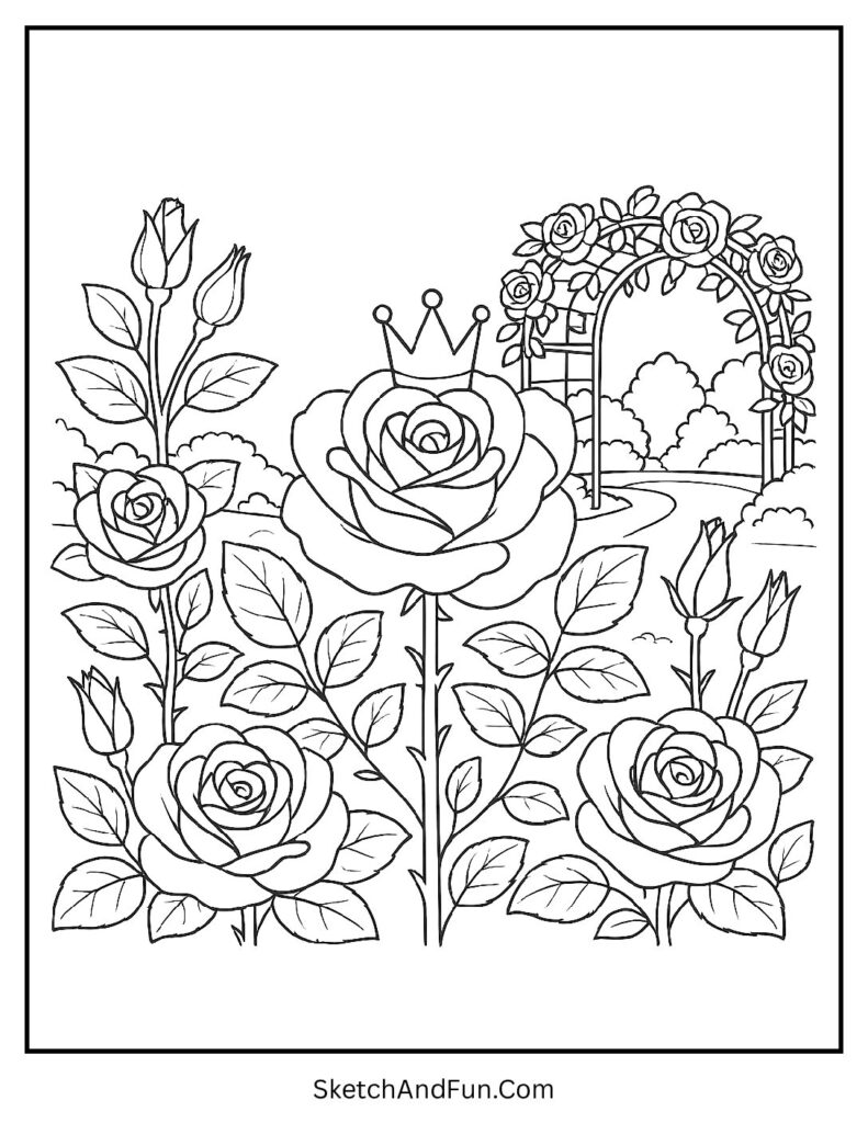 A coloring page of blooming roses with a tiny crown, rose flower coloring page