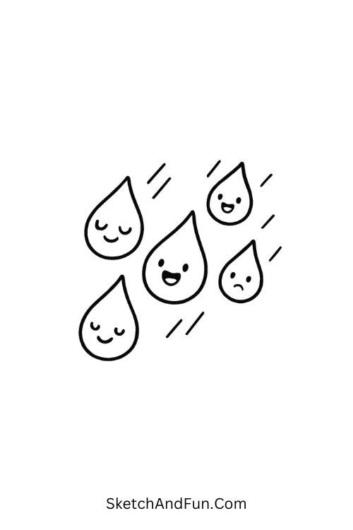 Little raindrops with different expressions falling, April drawing prompts