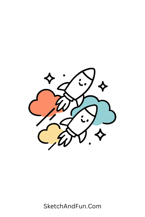 A doodle of two tiny rockets racing through colorful space clouds, space doodles printable