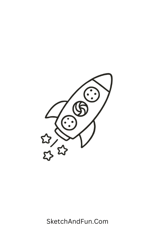 A doodle of a rocket with cookie windows leaving candy stars behind, space doodles free